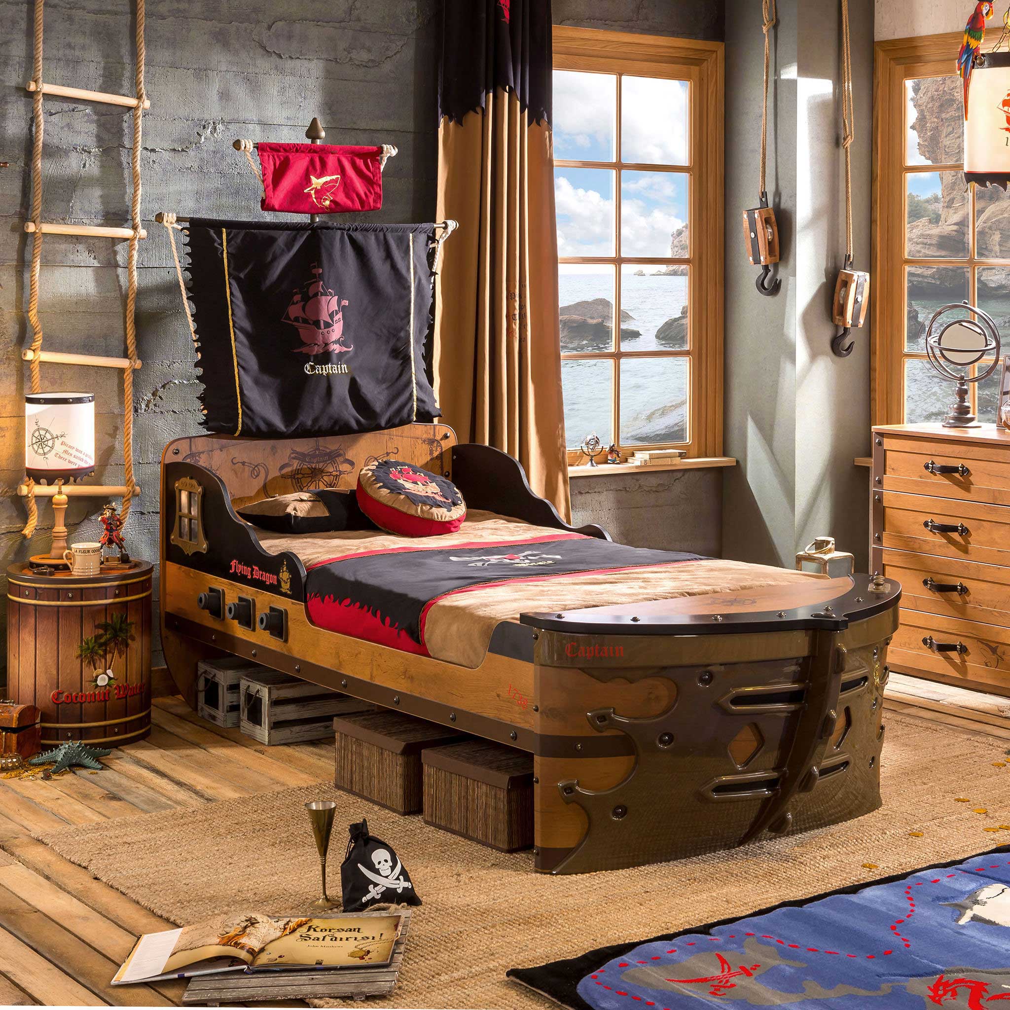 Cilek Pirate Bedroom Furniture for Kids - Pirate Twin Ship Beds and Shark  Desks