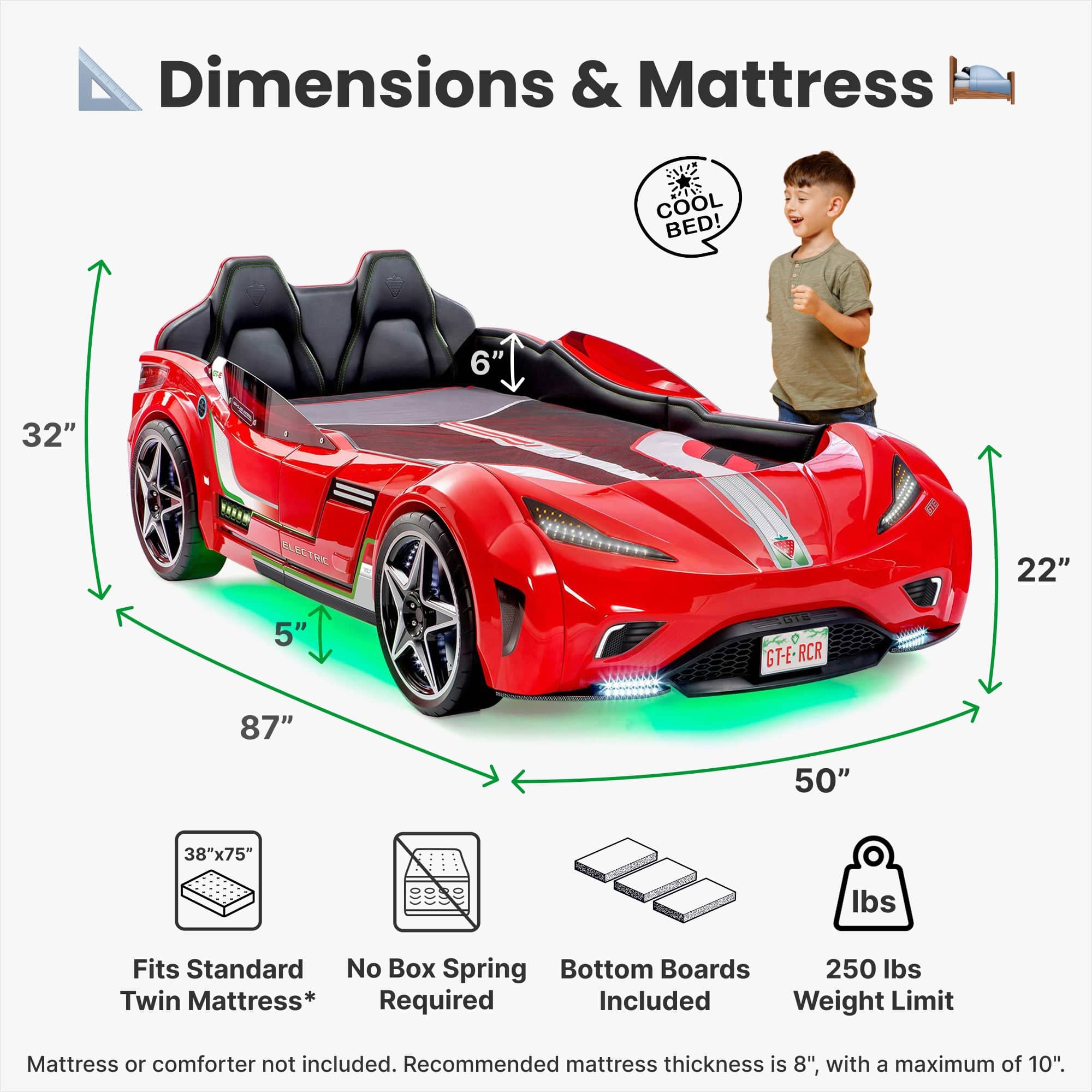 GTS EV Red Twin Race Car Bed | Remote Control, Night Light, Sounds & Padded Headboard
