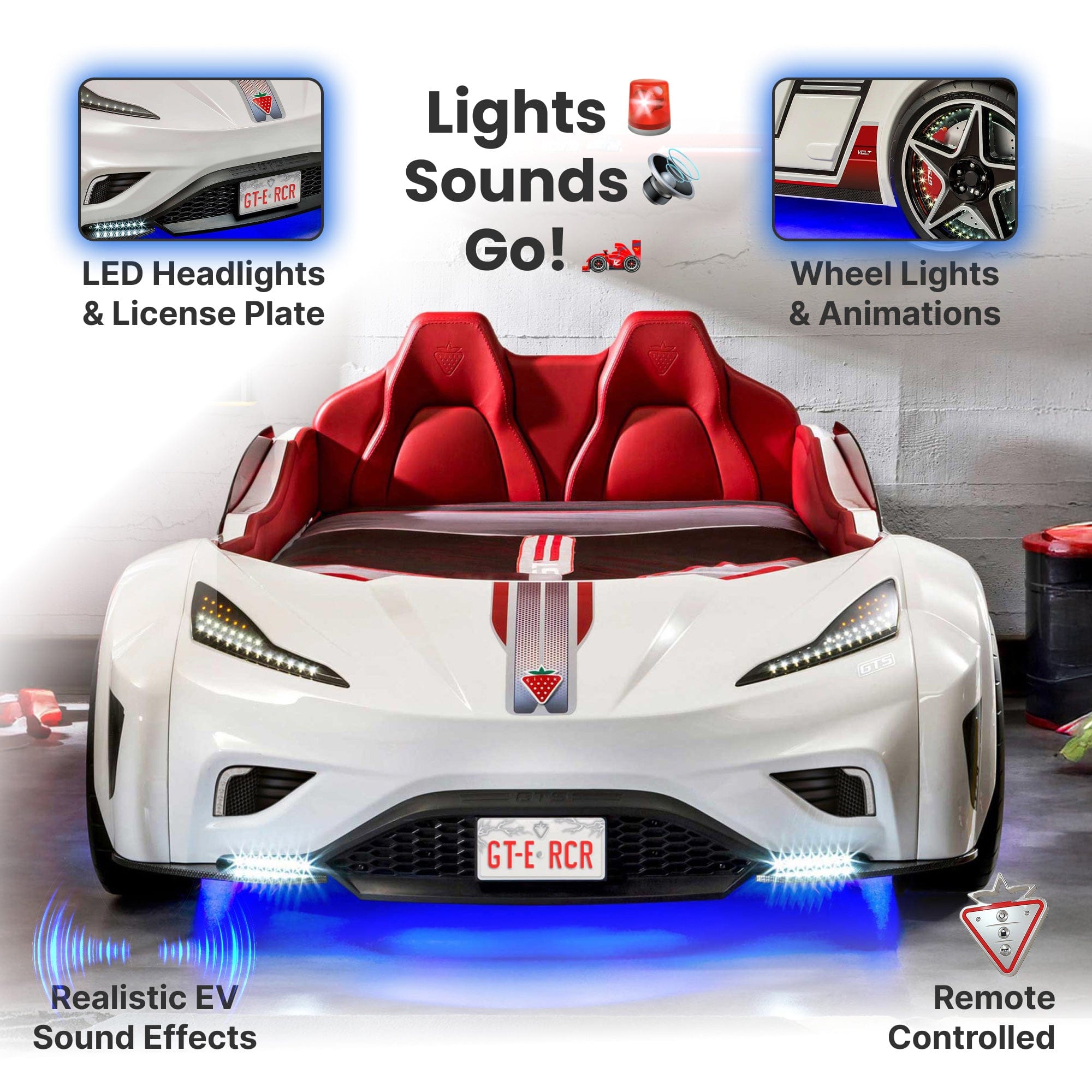 GTE White-Twin Race Car Bed Remote Control, 4 Modes, Night Light, Upholstered Headboard & Interior