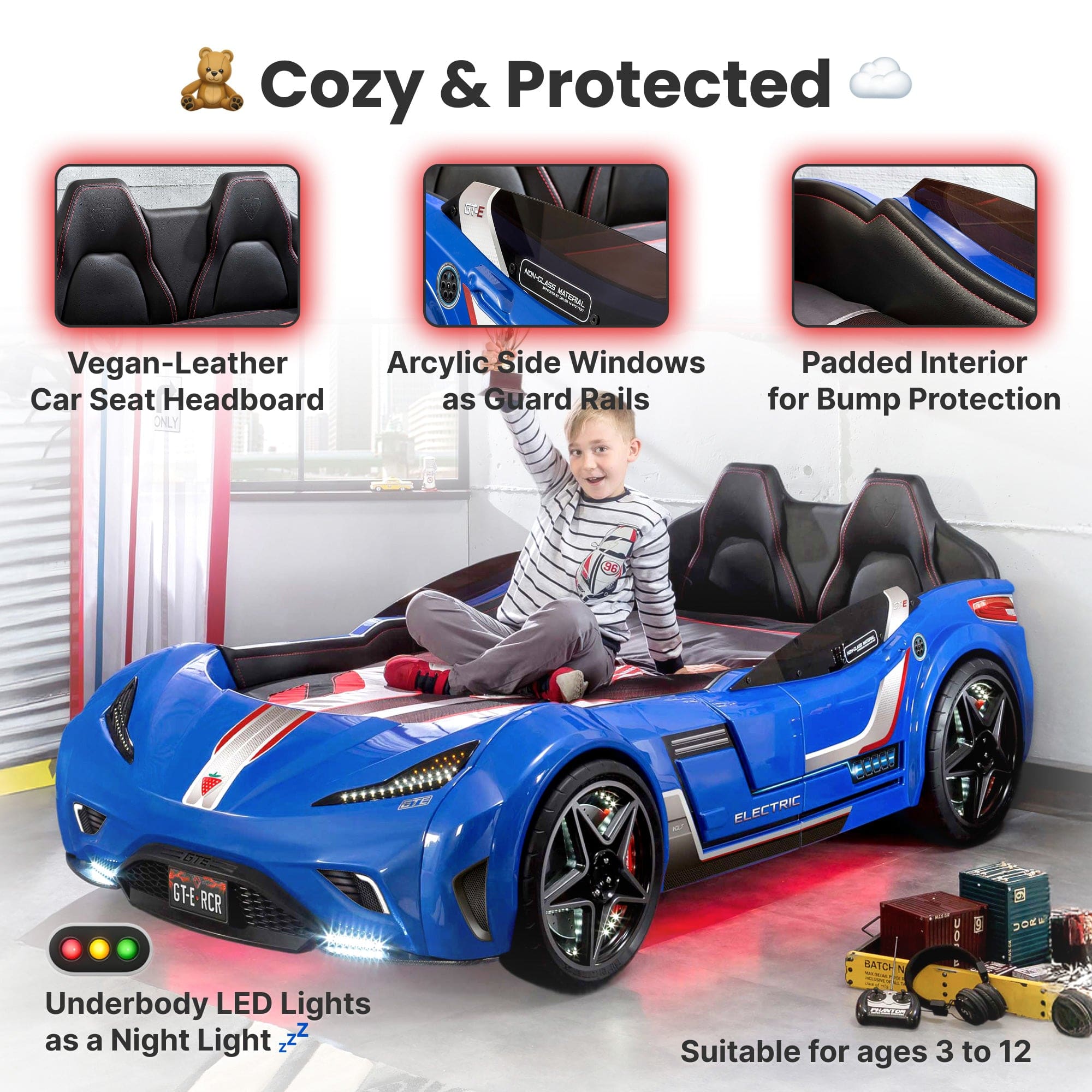 GTE Blue - Twin Race Car Bed Remote Control, 4 Modes, Night Light, Upholstered Headboard & Interior