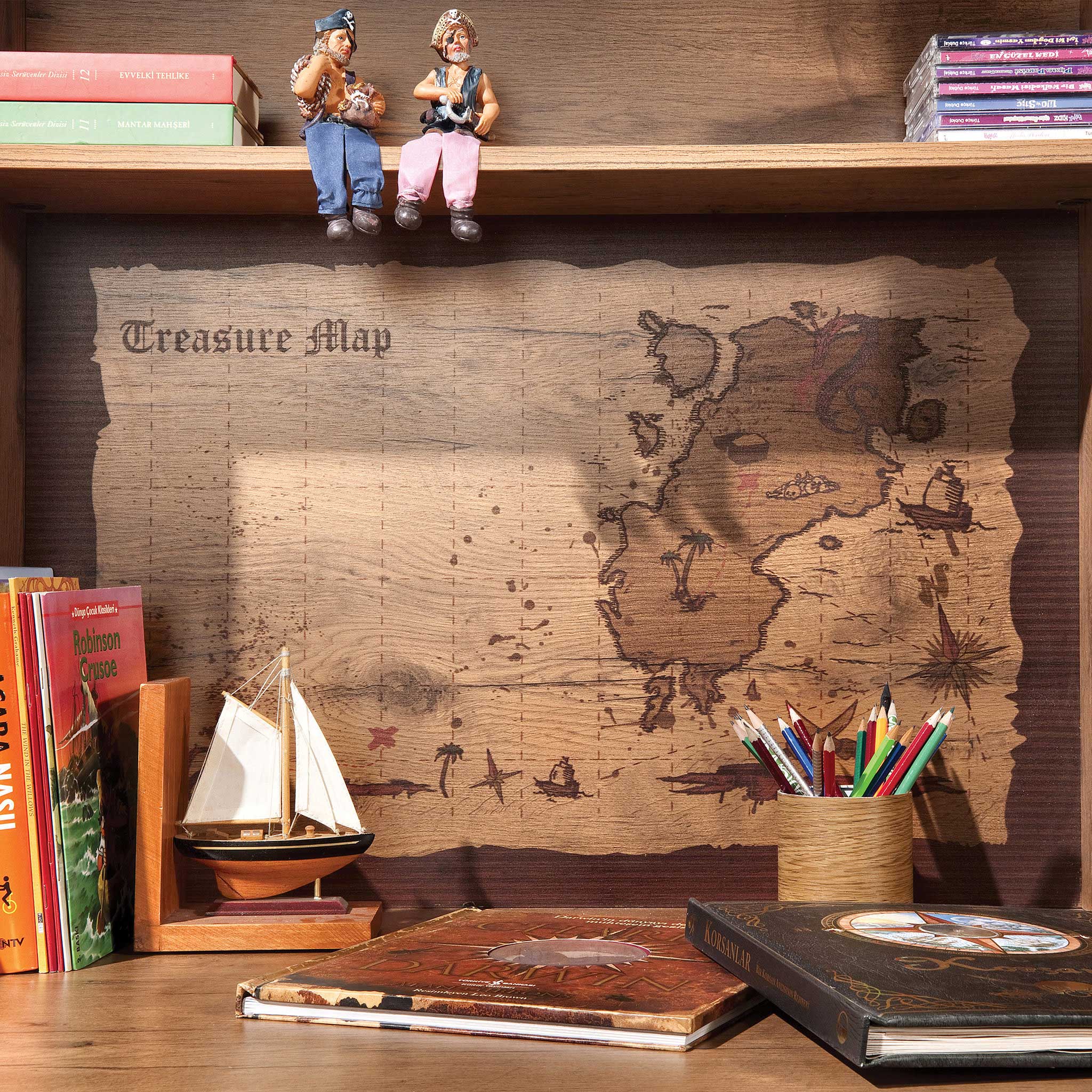 Pirate Study Desk & Hutch with Shelves and Cabinets