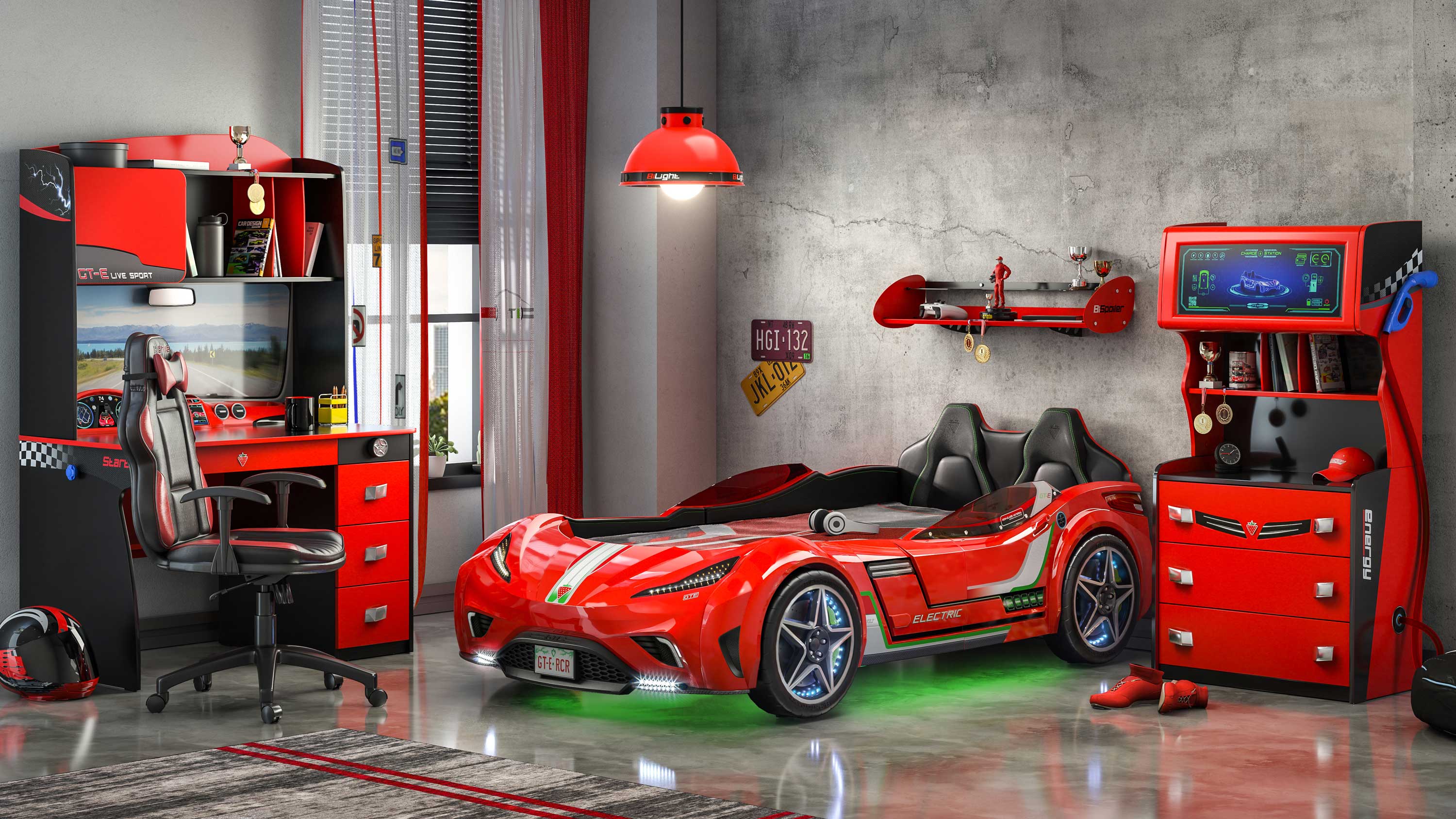 GTS EV Red Twin-Size Race Car Bed, Remote Control with 4 Modes, LED Lights, Sound FX, Upholstered Headboard, Interior Padding