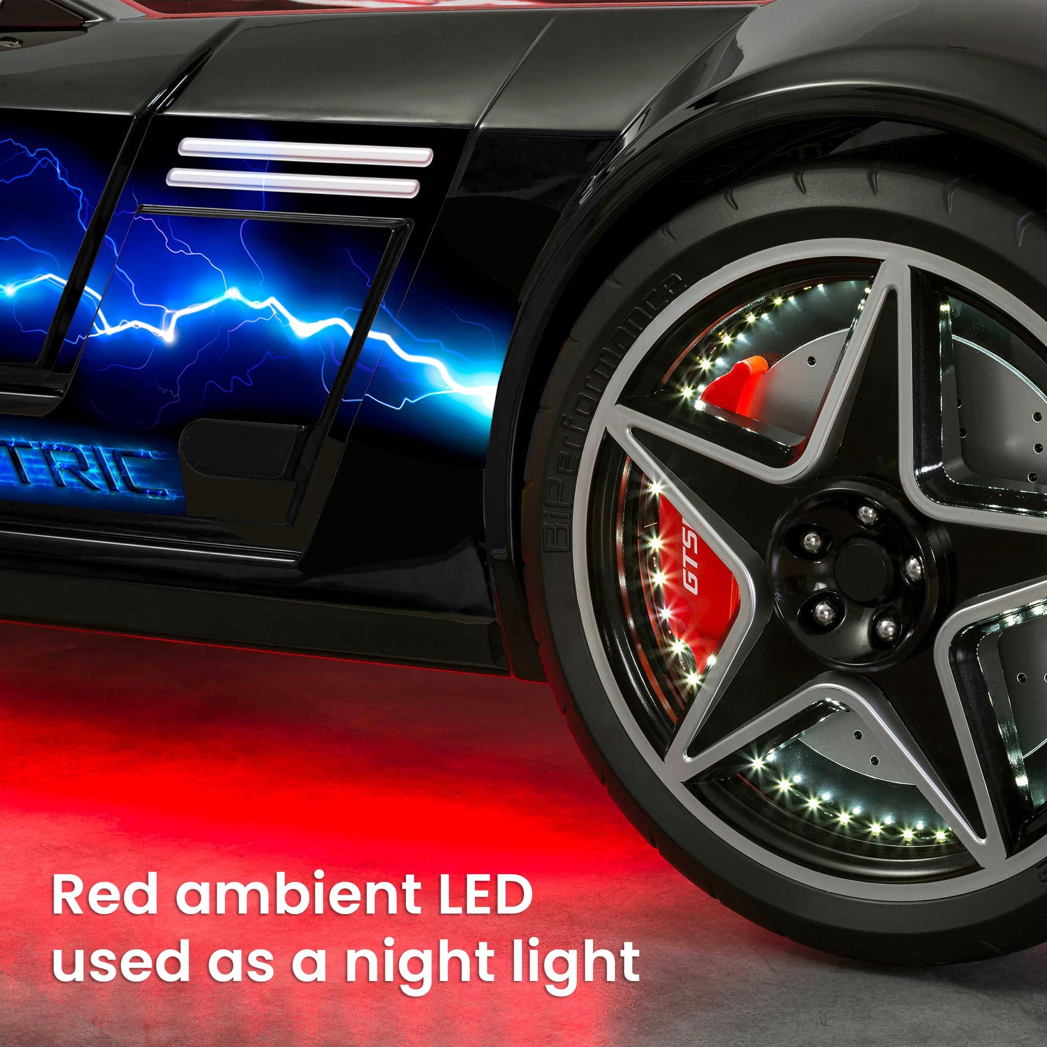 GTS EV Twin-Size Race Car Bed, Remote Control, LED Lights, EV Sound FX, Vegan Leather Interior, License Plate