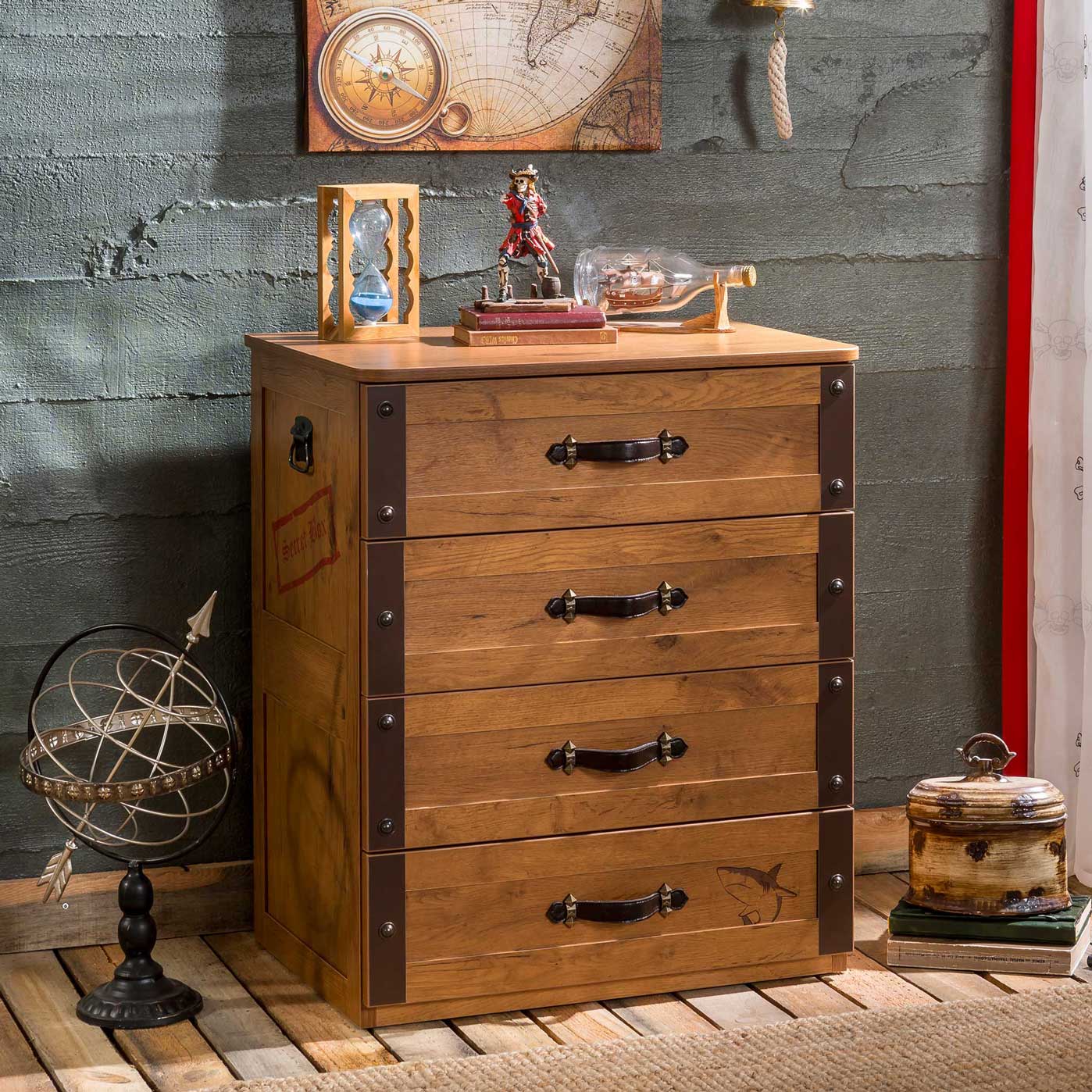 Pirate 4 Drawer Chest Dresser with Partitioned Top Drawer