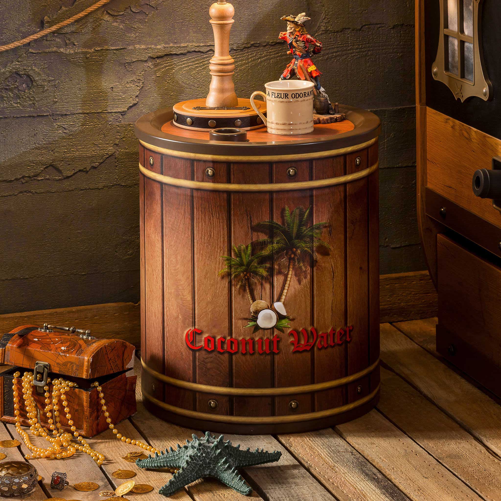 Pirate Coconut Barrel Metal Nightstand and Toy Box with Plastic Lid