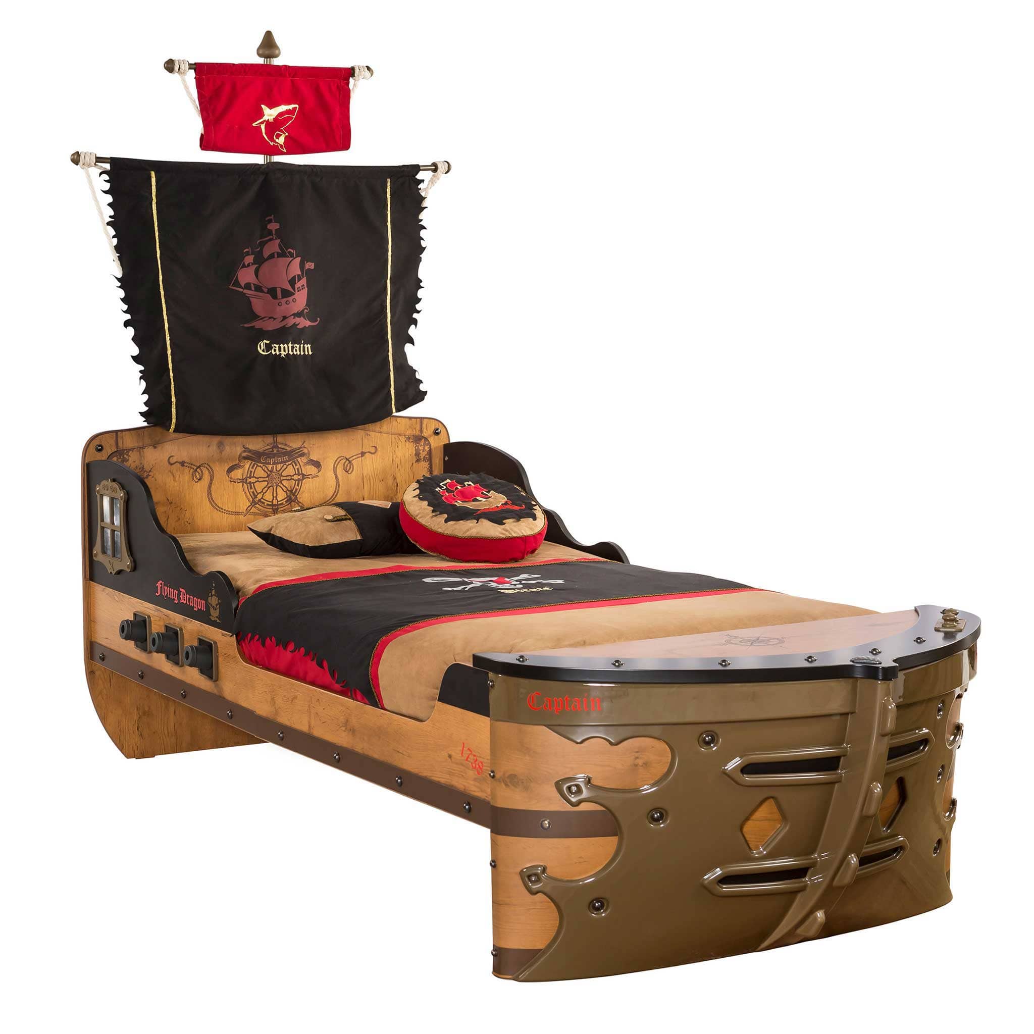 Pirate Twin-Size Captain Ship Bed with Sails and Deck and Trundle Storage Bed