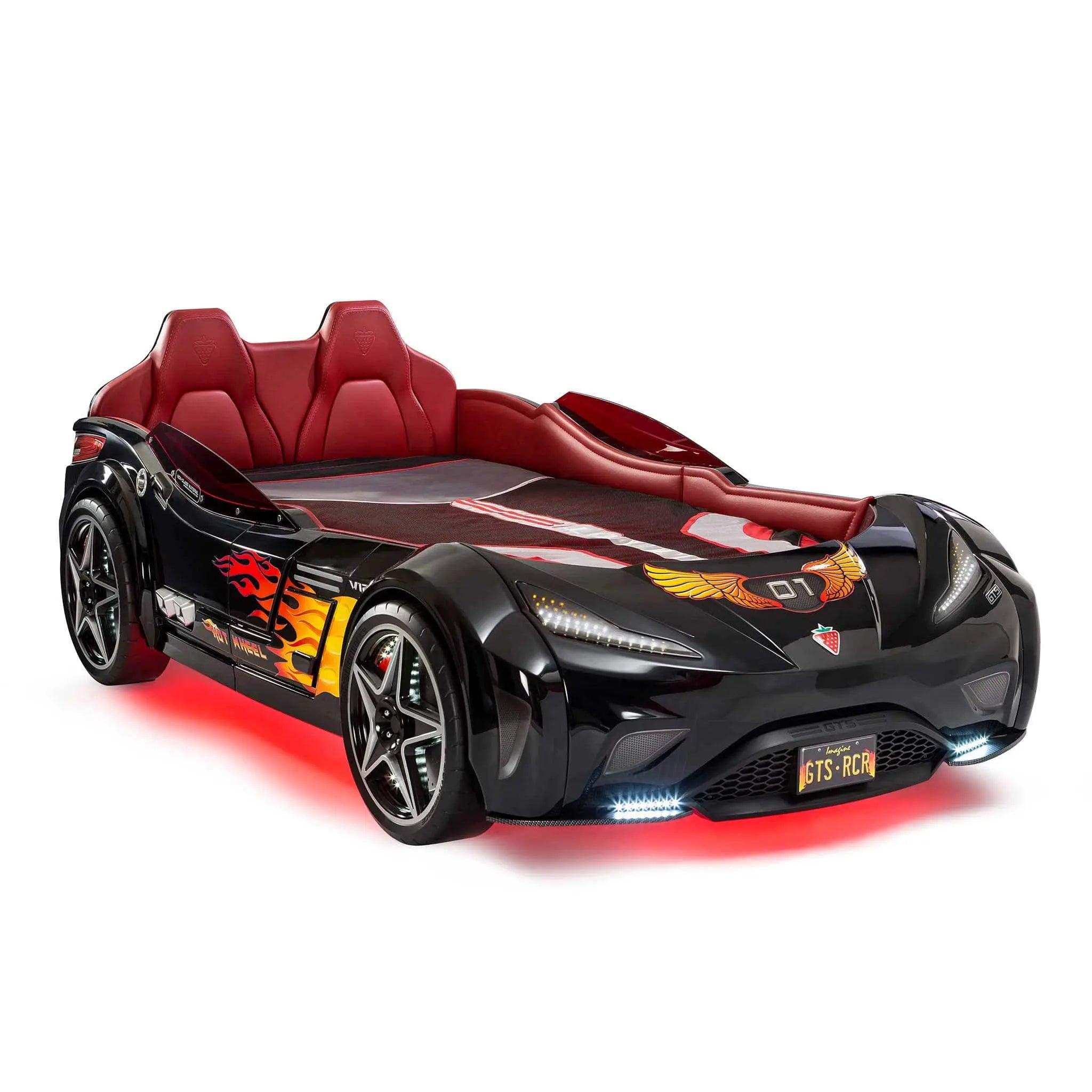 GTS EV Black Twin-Size Race Car Bed, Remote Control, LED Lights, EV Sound FX, Vegan Leather Interior, License Plate