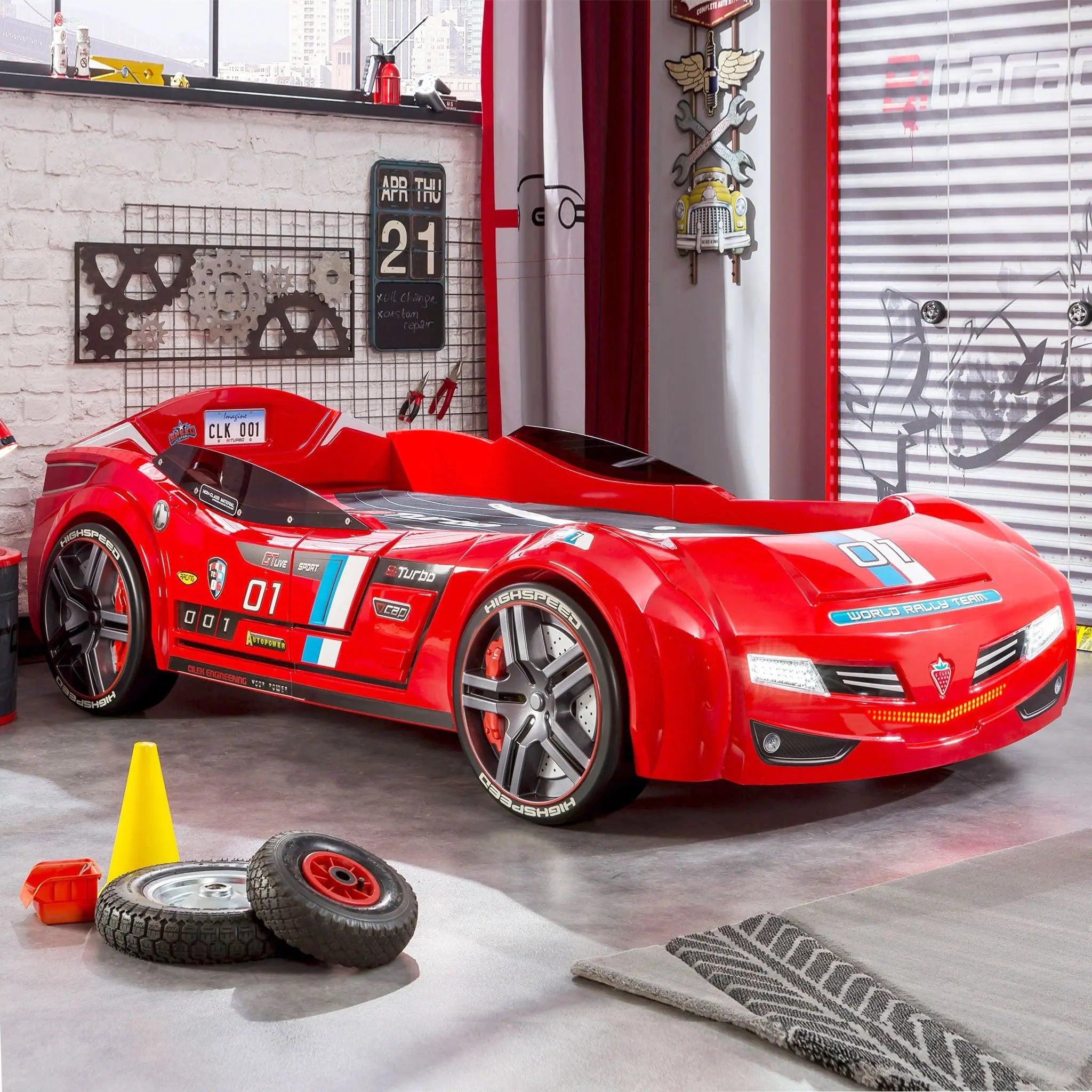 BiTurbo Red Twin-Size Race Car Bed, Remote Control, LED Lights, Sound FX, License Plate