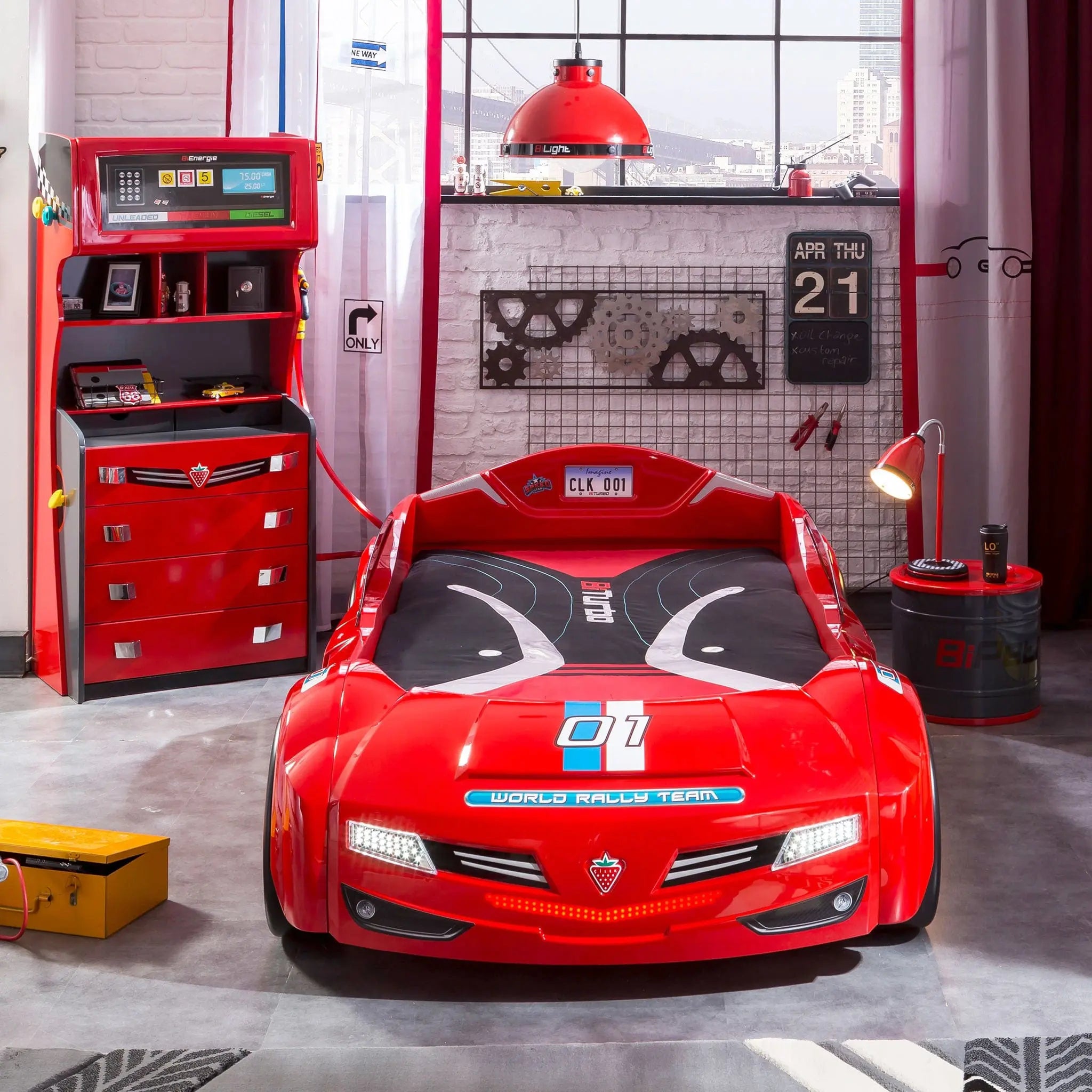 BiTurbo Red Twin-Size Race Car Bed, Remote Control, LED Lights, Sound FX, License Plate