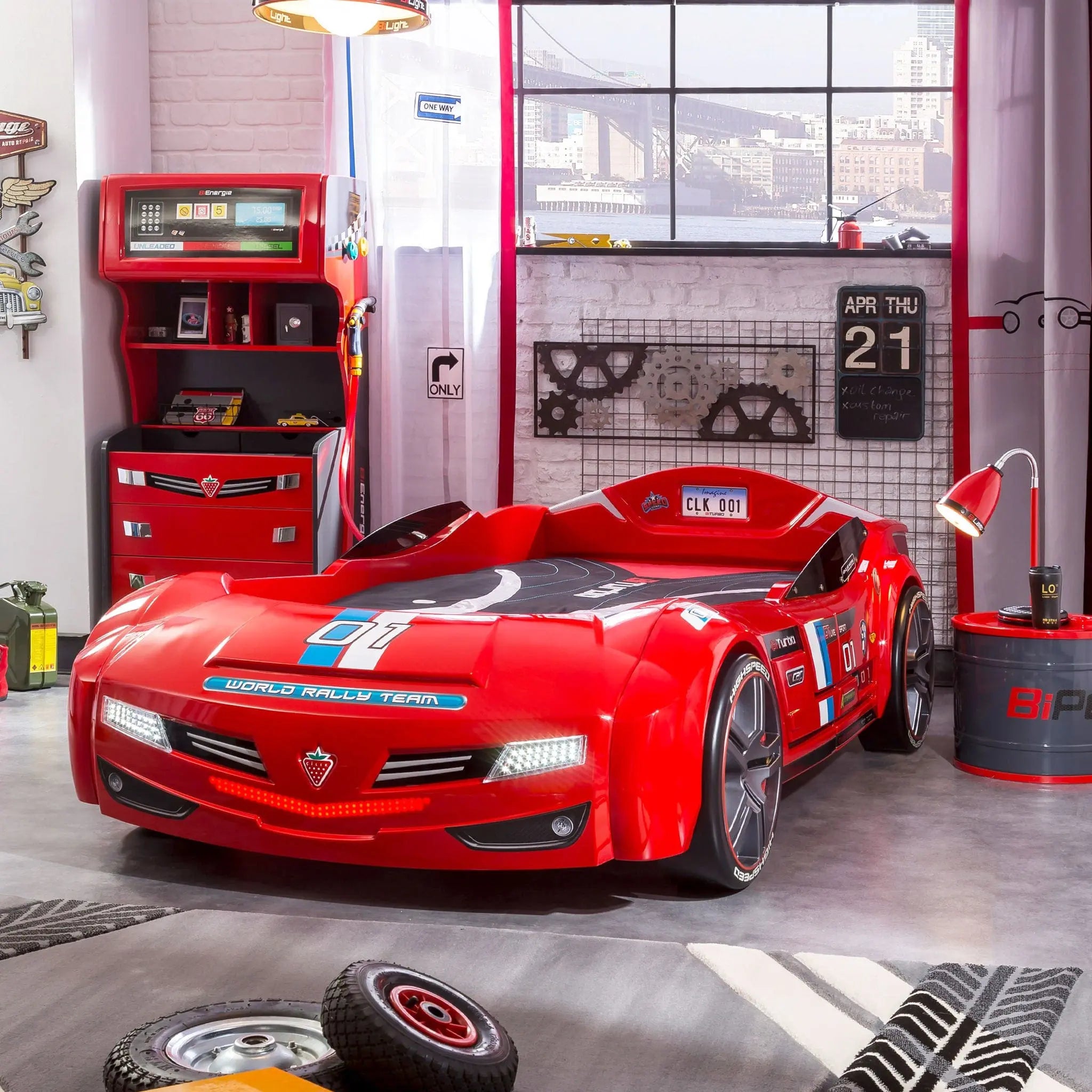 BiTurbo Red Twin-Size Race Car Bed, Remote Control, LED Lights, Sound FX, License Plate