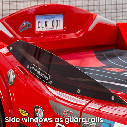 BiTurbo Red Twin-Size Race Car Bed, Remote Control, LED Lights, Sound FX, License Plate