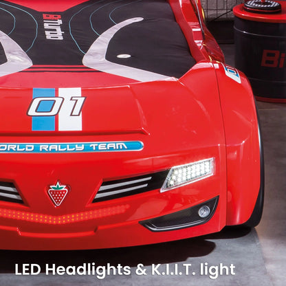 BiTurbo Red Twin-Size Race Car Bed, Remote Control, LED Lights, Sound FX, License Plate