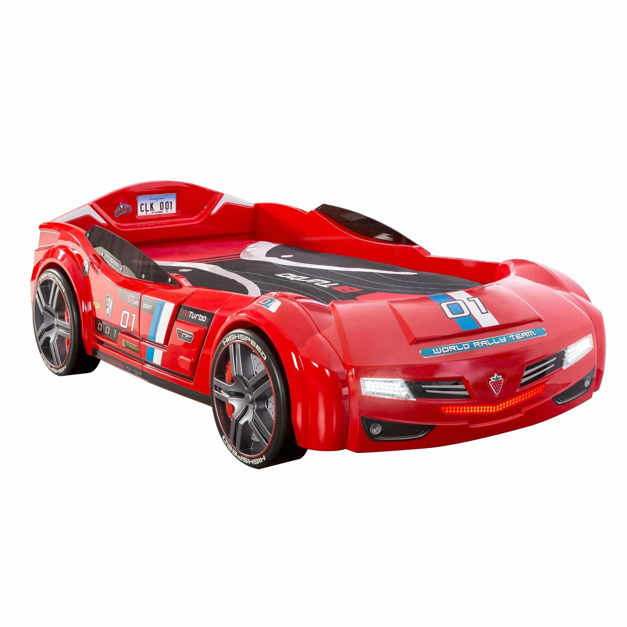 BiTurbo Red Twin-Size Race Car Bed, Remote Control, LED Lights, Sound FX, License Plate