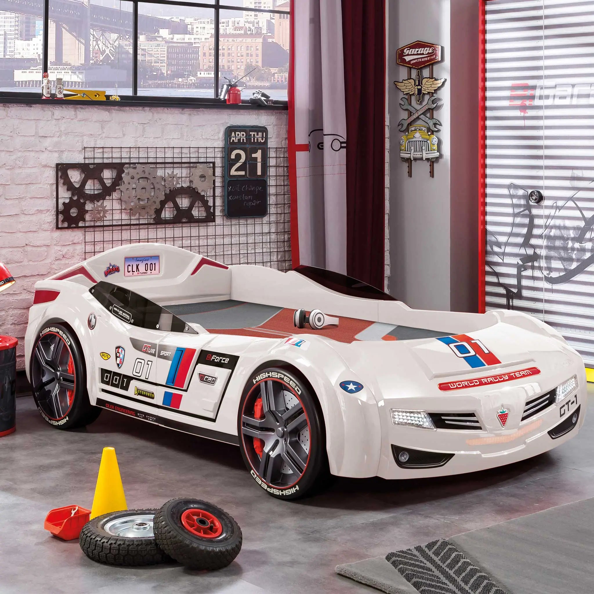 BiTurbo White Twin-Size Race Car Bed, Remote Control, LED Lights, Sound FX, License Plate