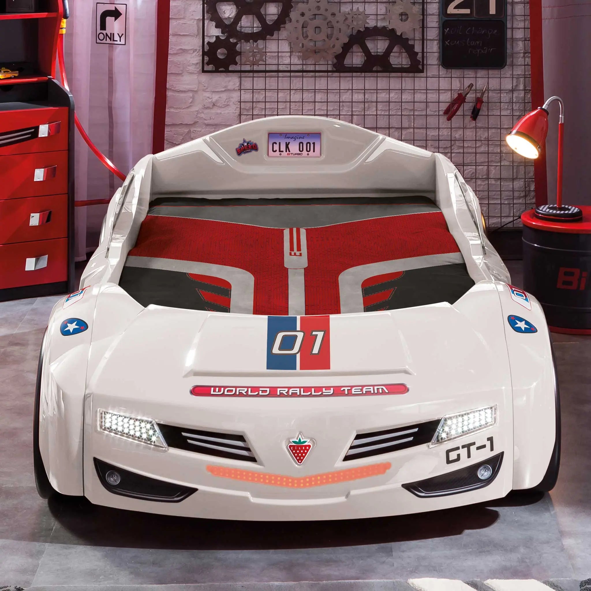 BiTurbo White Twin-Size Race Car Bed, Remote Control, LED Lights, Sound FX, License Plate