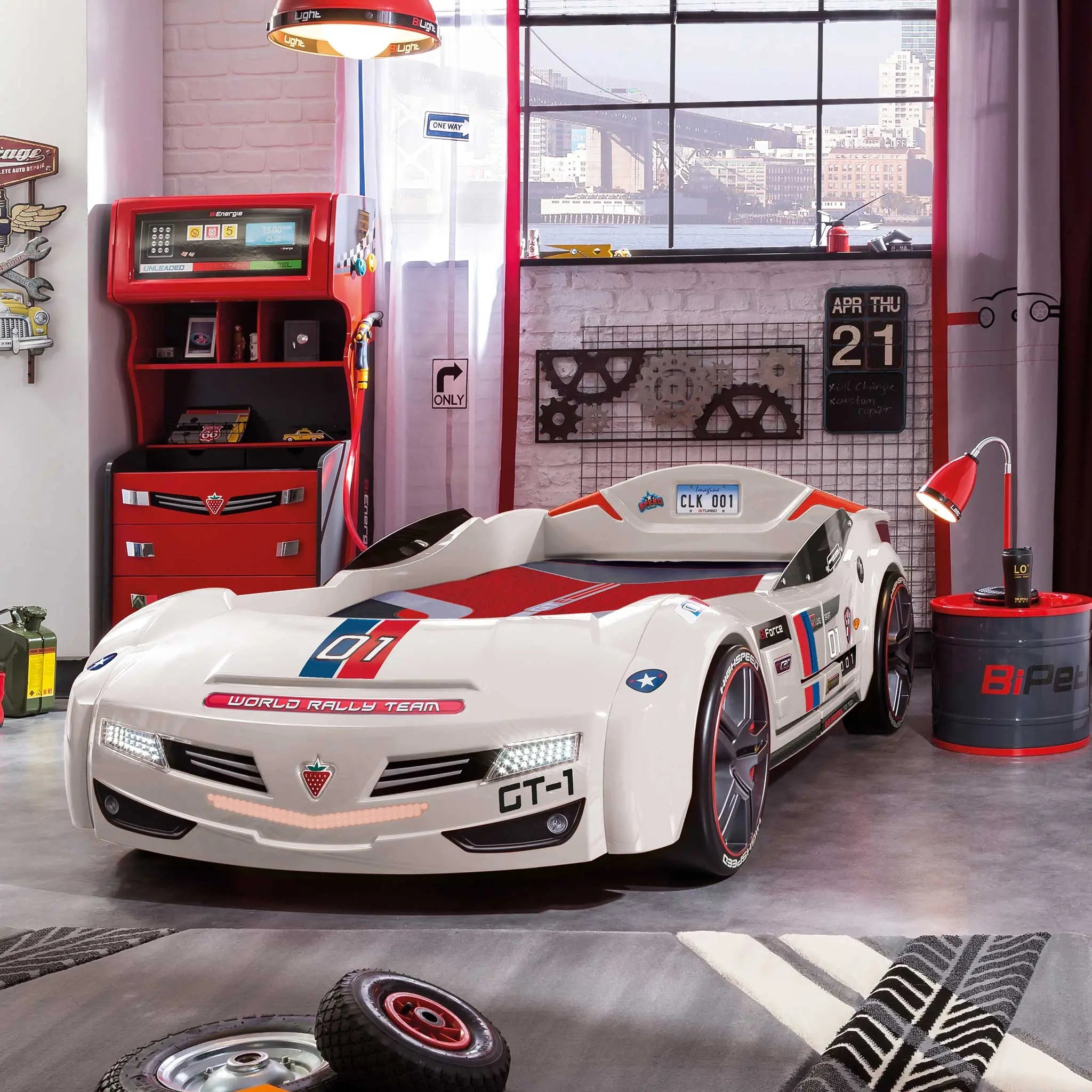 BiTurbo White Twin-Size Race Car Bed, Remote Control, LED Lights, Sound FX, License Plate