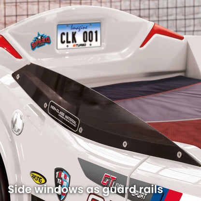 BiTurbo White Twin-Size Race Car Bed, Remote Control, LED Lights, Sound FX, License Plate