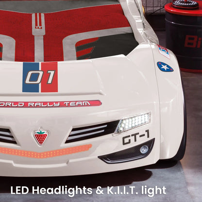 BiTurbo White Twin-Size Race Car Bed, Remote Control, LED Lights, Sound FX, License Plate