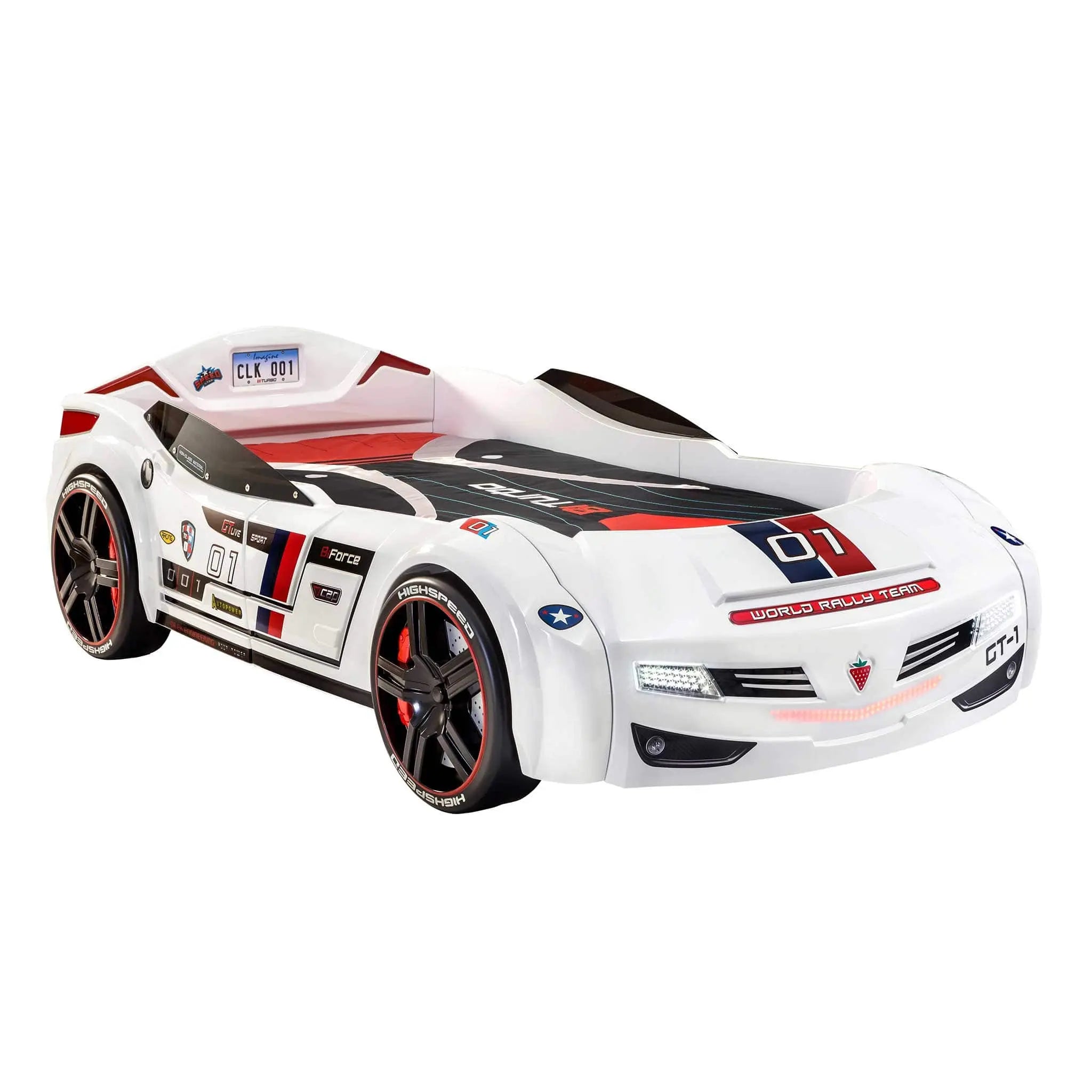 BiTurbo White Twin-Size Race Car Bed, Remote Control, LED Lights, Sound FX, License Plate