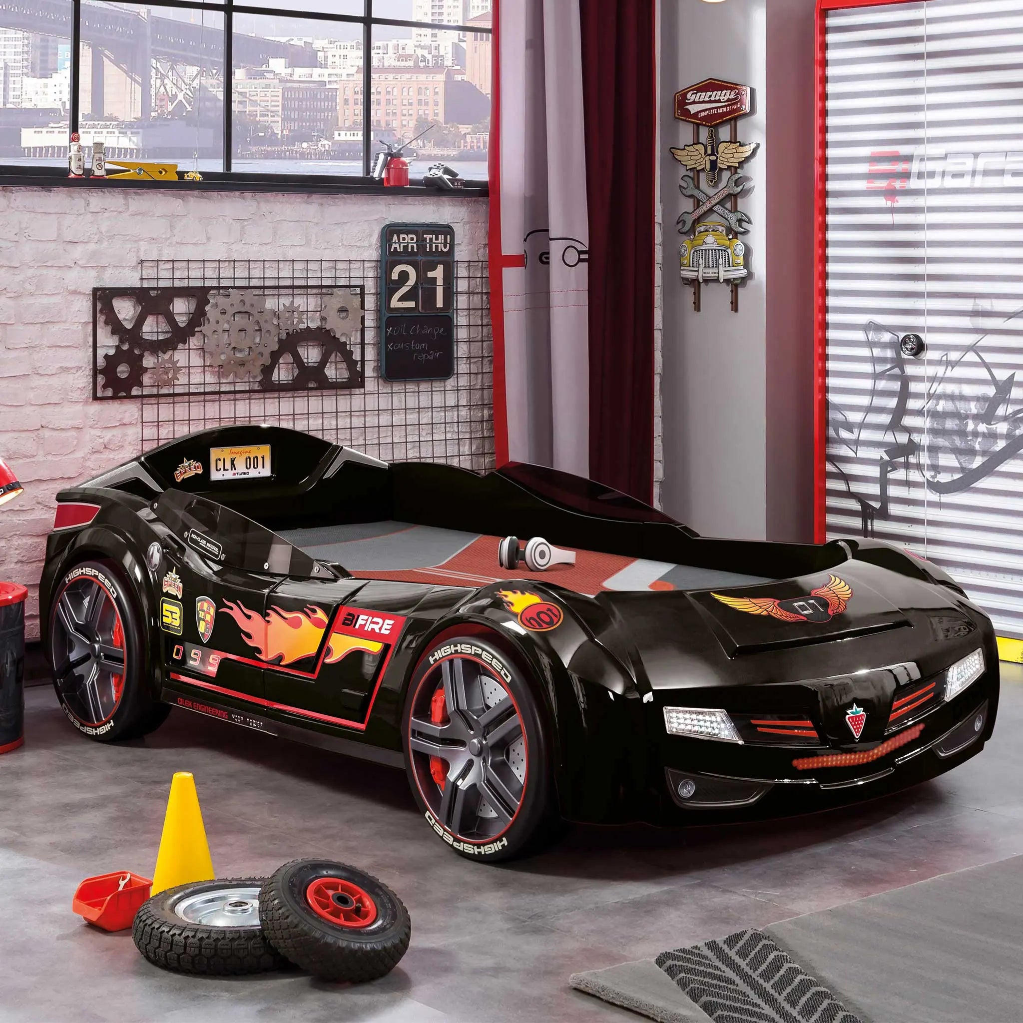 BiTurbo Black Twin-Size Race Car Bed, Remote Control, LED Lights, Sound FX, License Plate
