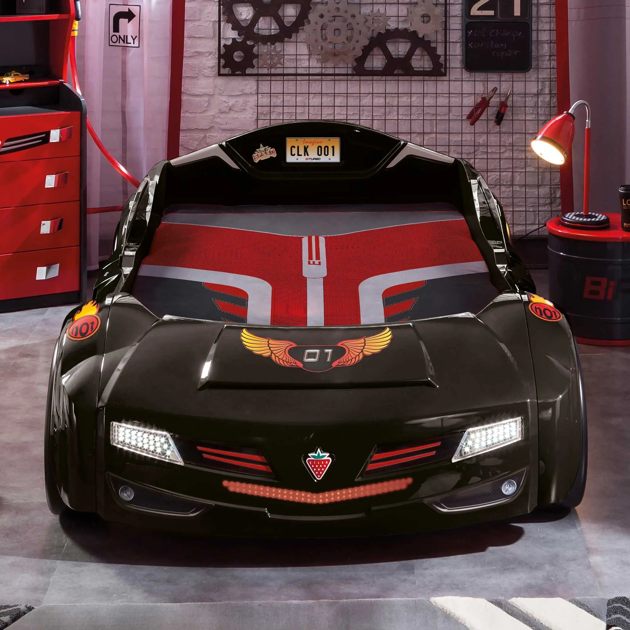 BiTurbo Black Twin-Size Race Car Bed, Remote Control, LED Lights, Sound FX, License Plate