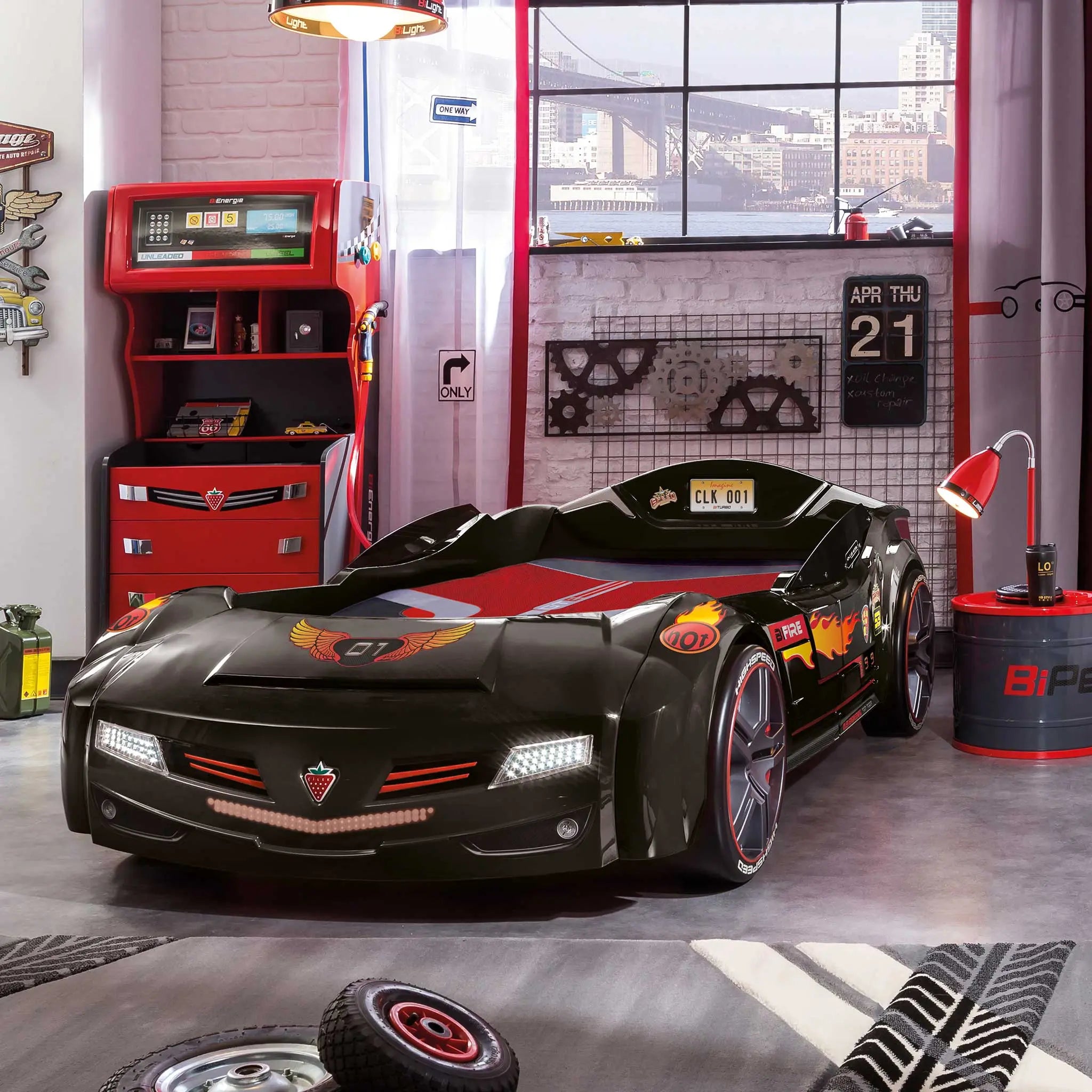 BiTurbo Black Twin-Size Race Car Bed, Remote Control, LED Lights, Sound FX, License Plate