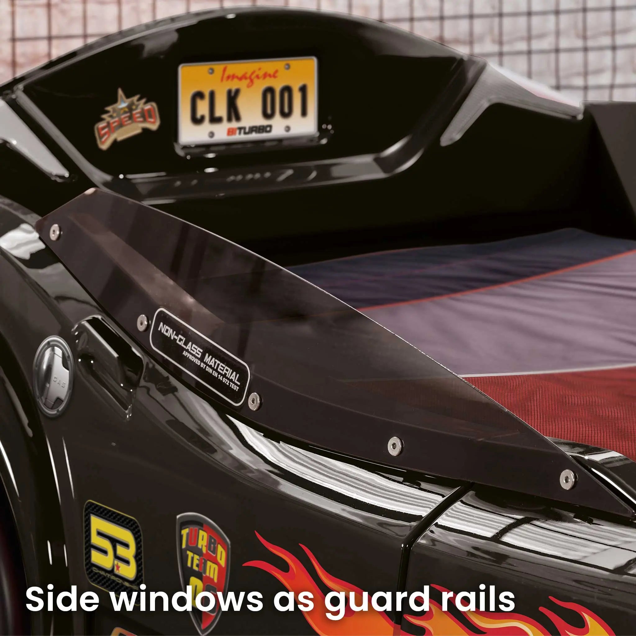 BiTurbo Black Twin-Size Race Car Bed, Remote Control, LED Lights, Sound FX, License Plate