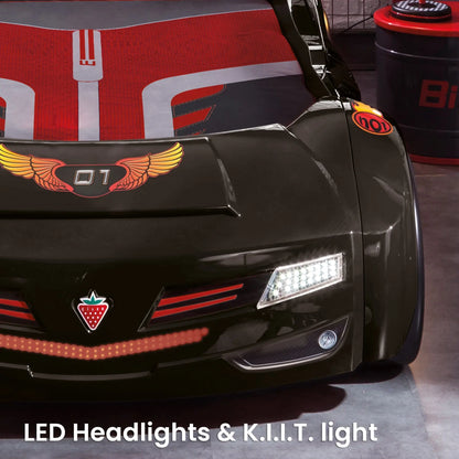 BiTurbo Black Twin-Size Race Car Bed, Remote Control, LED Lights, Sound FX, License Plate