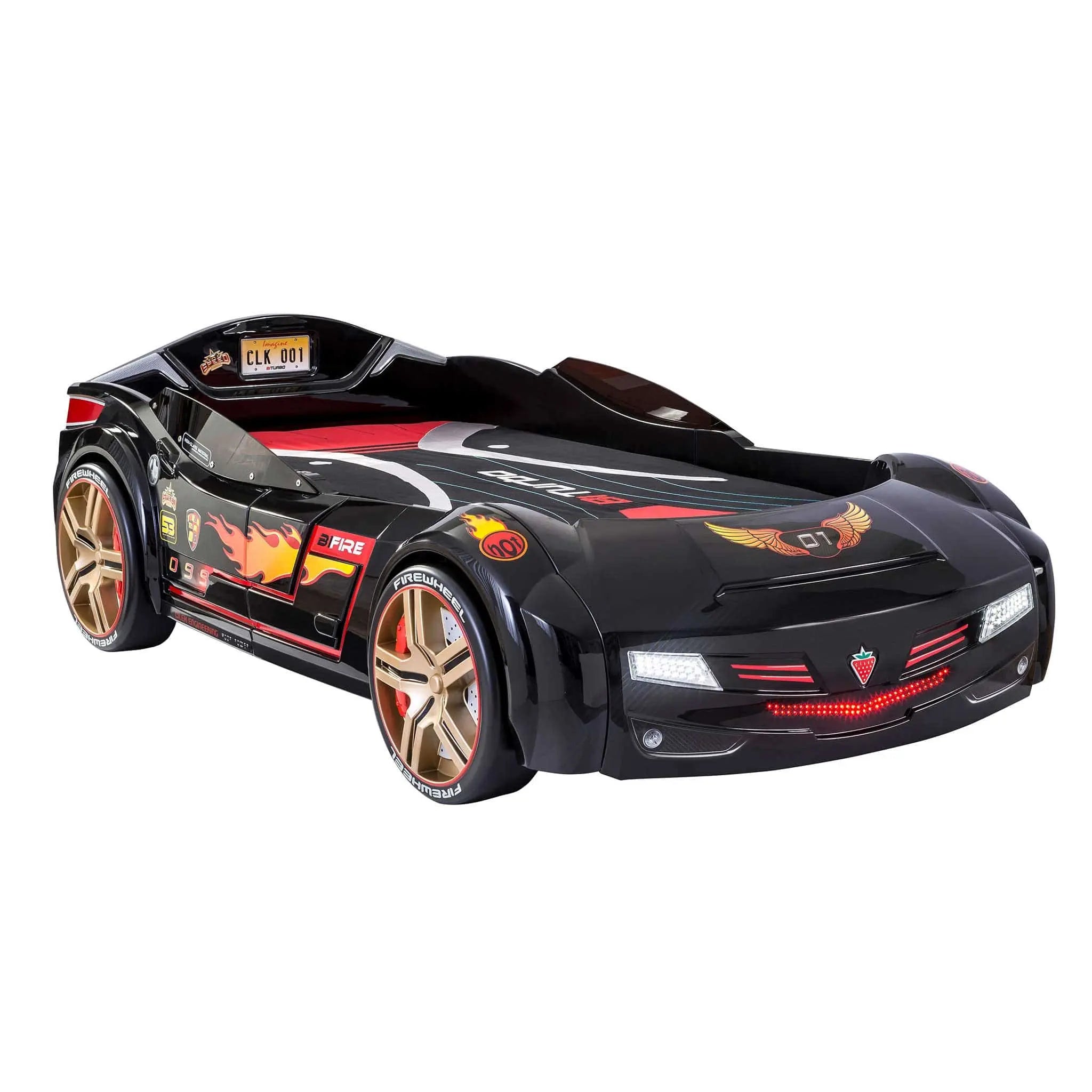BiTurbo Black Twin-Size Race Car Bed, Remote Control, LED Lights, Sound FX, License Plate