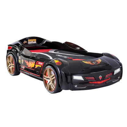BiTurbo Black Twin-Size Race Car Bed, Remote Control, LED Lights, Sound FX, License Plate