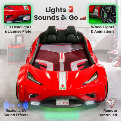 GTS EV Red Twin-Size Race Car Bed, Remote Control with 4 Modes, LED Lights, Sound FX, Upholstered Headboard, Interior Padding