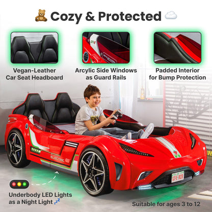 GTS EV Red Twin-Size Race Car Bed, Remote Control with 4 Modes, LED Lights, Sound FX, Upholstered Headboard, Interior Padding