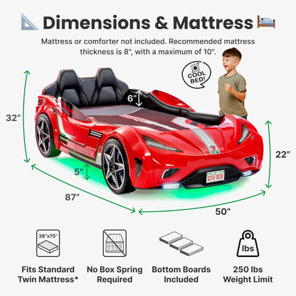 GTS EV White Twin-Size Race Car Bed, Remote Control with 4 Modes, LED Lights, Sound FX, Upholstered Headboard, Interior Padding