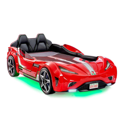GTS EV Red Twin-Size Race Car Bed, Remote Control with 4 Modes, LED Lights, Sound FX, Upholstered Headboard, Interior Padding