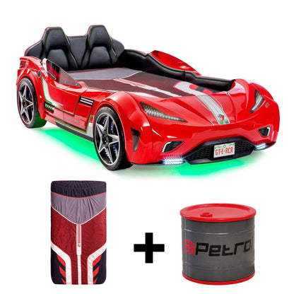 GTS EV Red Twin-Size Race Car Bed, Remote Control with 4 Modes, LED Lights, Sound FX, Upholstered Headboard, Interior Padding