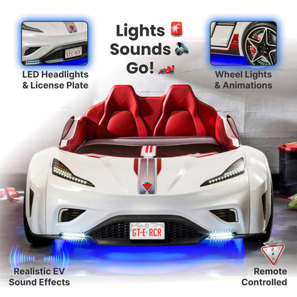 GTS EV White Twin-Size Race Car Bed, Remote Control with 4 Modes, LED Lights, Sound FX, Upholstered Headboard, Interior Padding