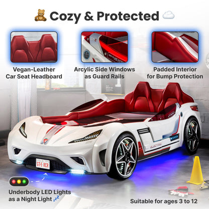 GTS EV White Twin-Size Race Car Bed, Remote Control with 4 Modes, LED Lights, Sound FX, Upholstered Headboard, Interior Padding