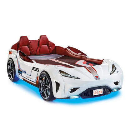 GTS EV White Twin-Size Race Car Bed, Remote Control with 4 Modes, LED Lights, Sound FX, Upholstered Headboard, Interior Padding