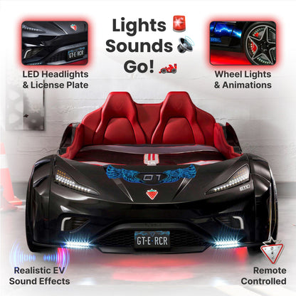 GTS EV Black Twin-Size Race Car Bed, Remote Control with 4 Modes, LED Lights, Sound FX, Upholstered Headboard, Interior Padding