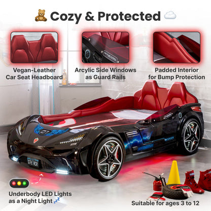 GTS EV Black Twin-Size Race Car Bed, Remote Control with 4 Modes, LED Lights, Sound FX, Upholstered Headboard, Interior Padding