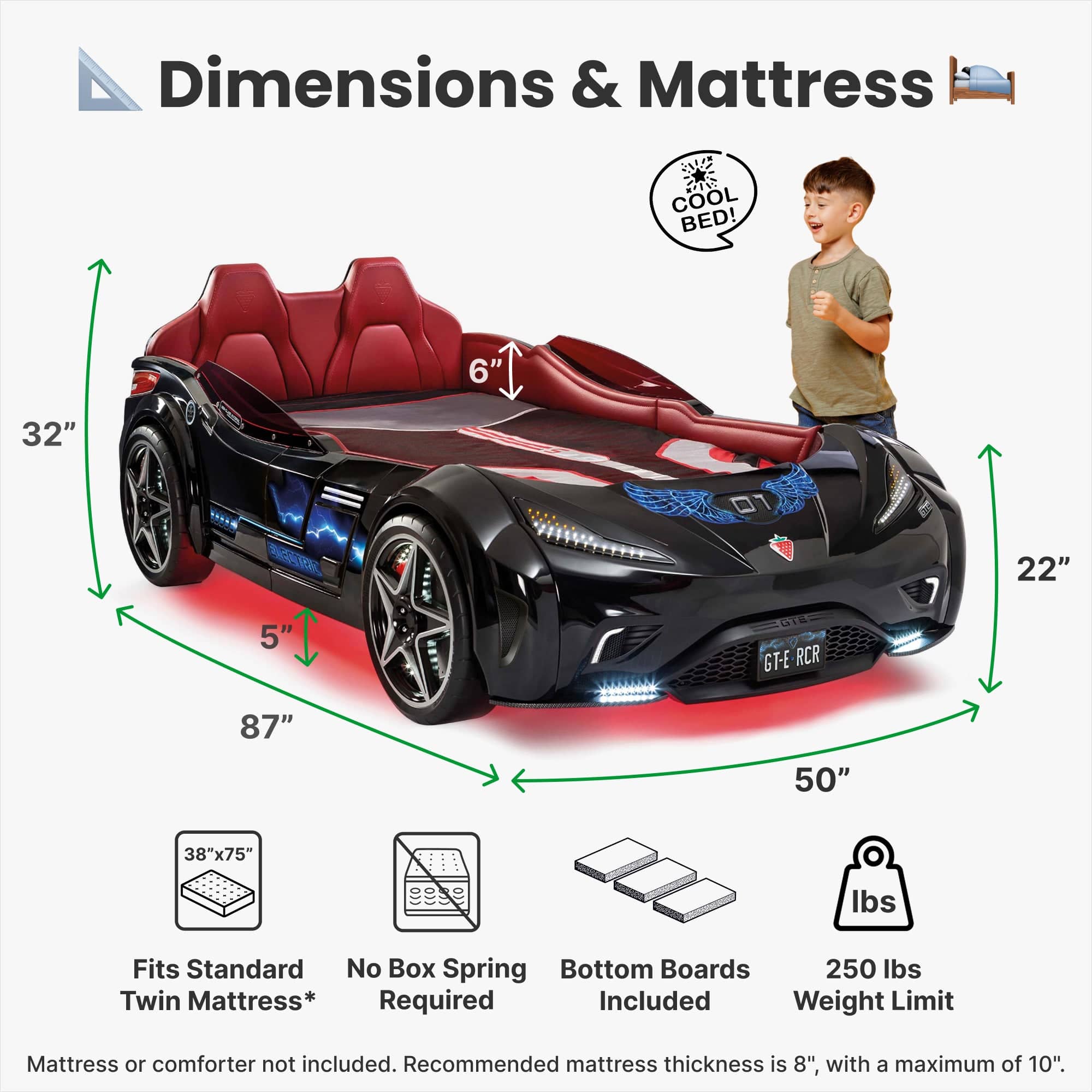 GTS EV Black Twin-Size Race Car Bed, Remote Control with 4 Modes, LED Lights, Sound FX, Upholstered Headboard, Interior Padding