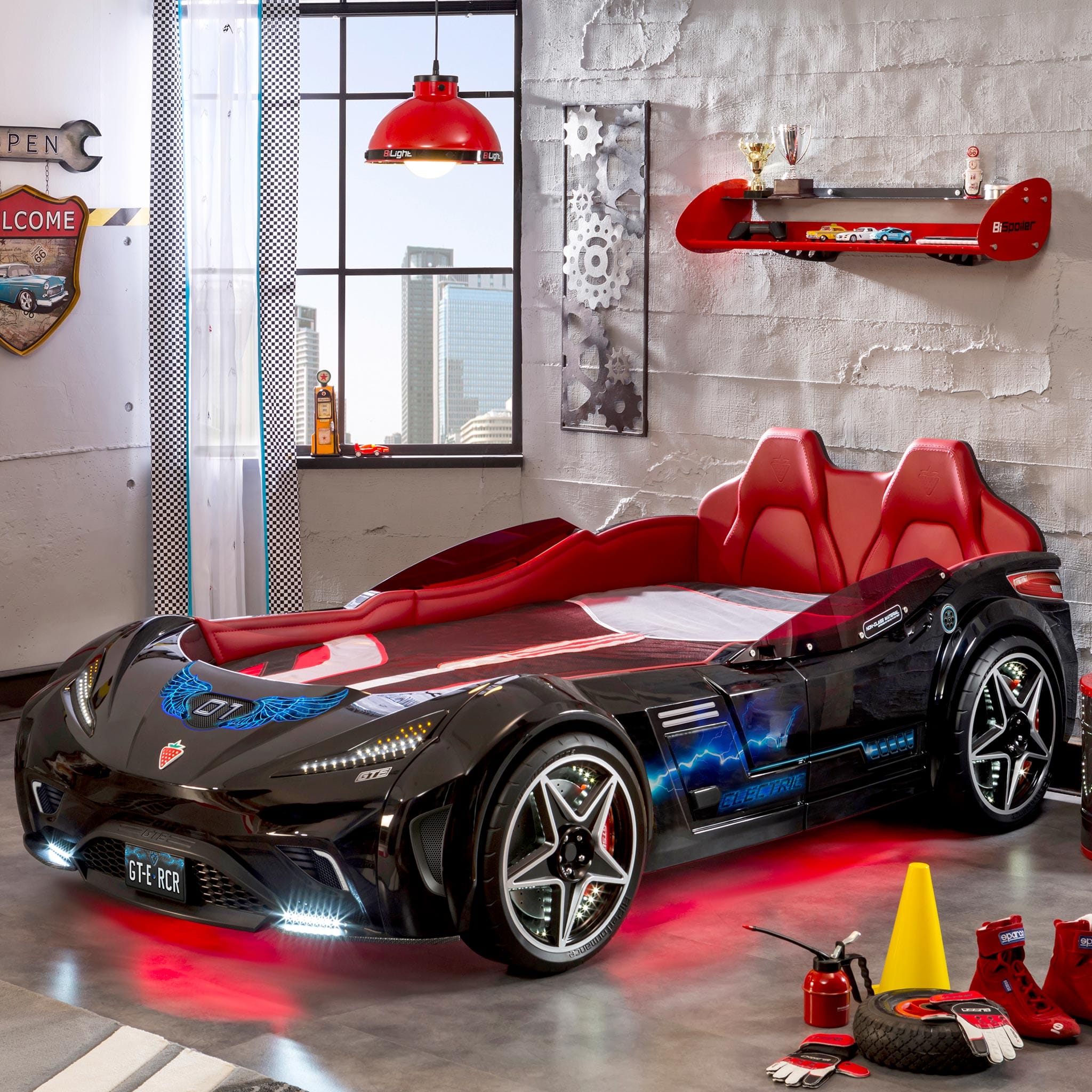 GTS EV Black Twin-Size Race Car Bed, Remote Control with 4 Modes, LED Lights, Sound FX, Upholstered Headboard, Interior Padding