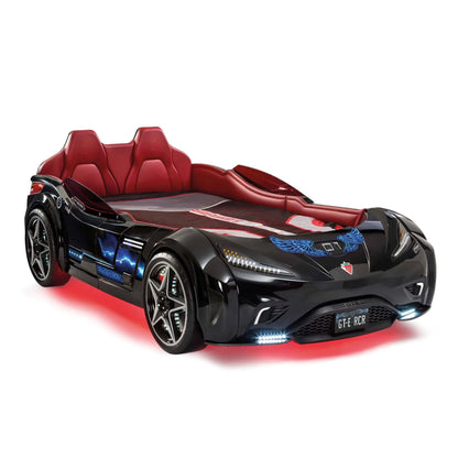 GTS EV Black Twin-Size Race Car Bed, Remote Control with 4 Modes, LED Lights, Sound FX, Upholstered Headboard, Interior Padding