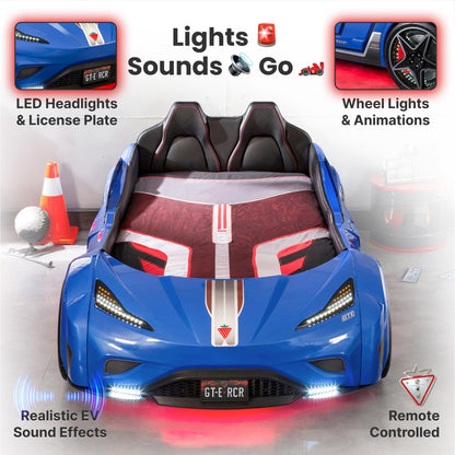 GTS EV Blue Twin-Size Race Car Bed, Remote Control with 4 Modes, LED Lights, Sound FX, Upholstered Headboard, Interior Padding