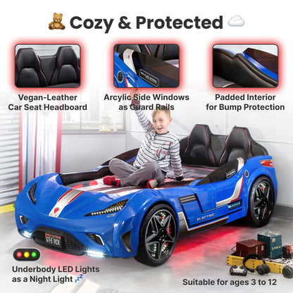 GTS EV Blue Twin-Size Race Car Bed, Remote Control with 4 Modes, LED Lights, Sound FX, Upholstered Headboard, Interior Padding