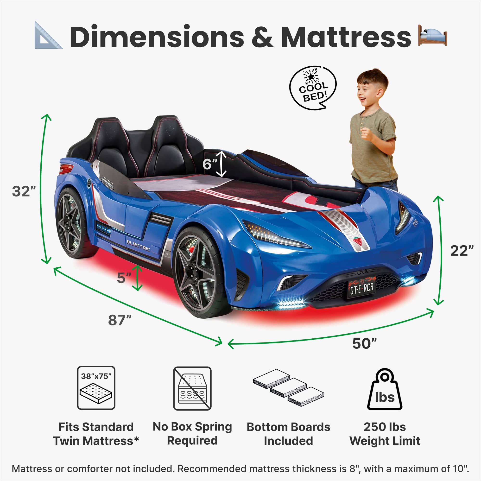 GTS EV Blue Twin-Size Race Car Bed, Remote Control with 4 Modes, LED Lights, Sound FX, Upholstered Headboard, Interior Padding