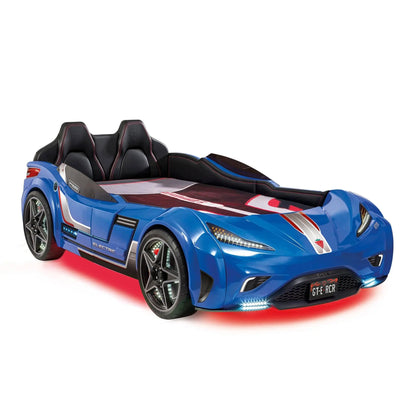GTS EV Blue Twin-Size Race Car Bed, Remote Control with 4 Modes, LED Lights, Sound FX, Upholstered Headboard, Interior Padding