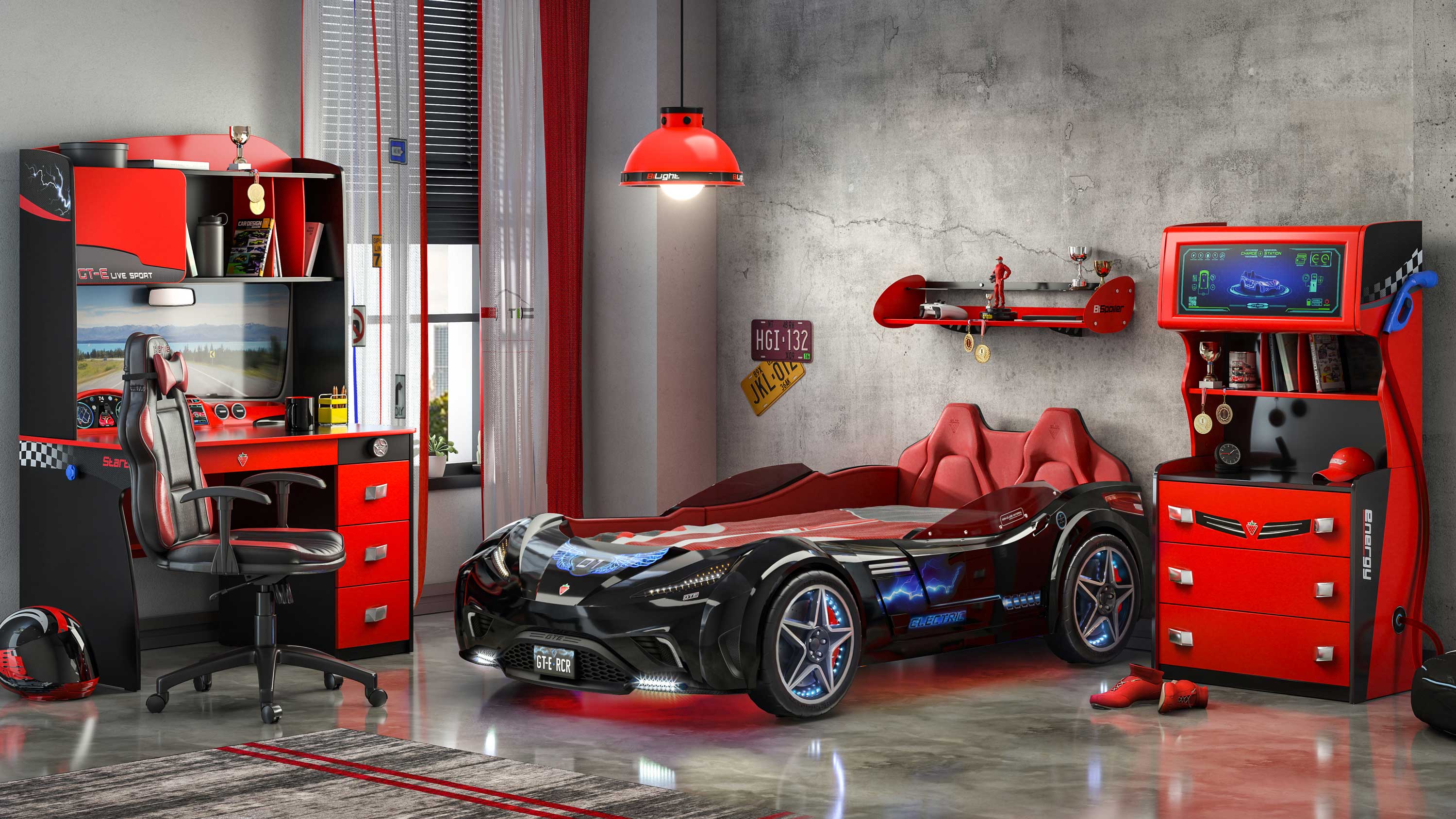 GTE Black-Twin Race Car Bed Remote Control, 4 Modes, Night Light, Upholstered Headboard & Interior