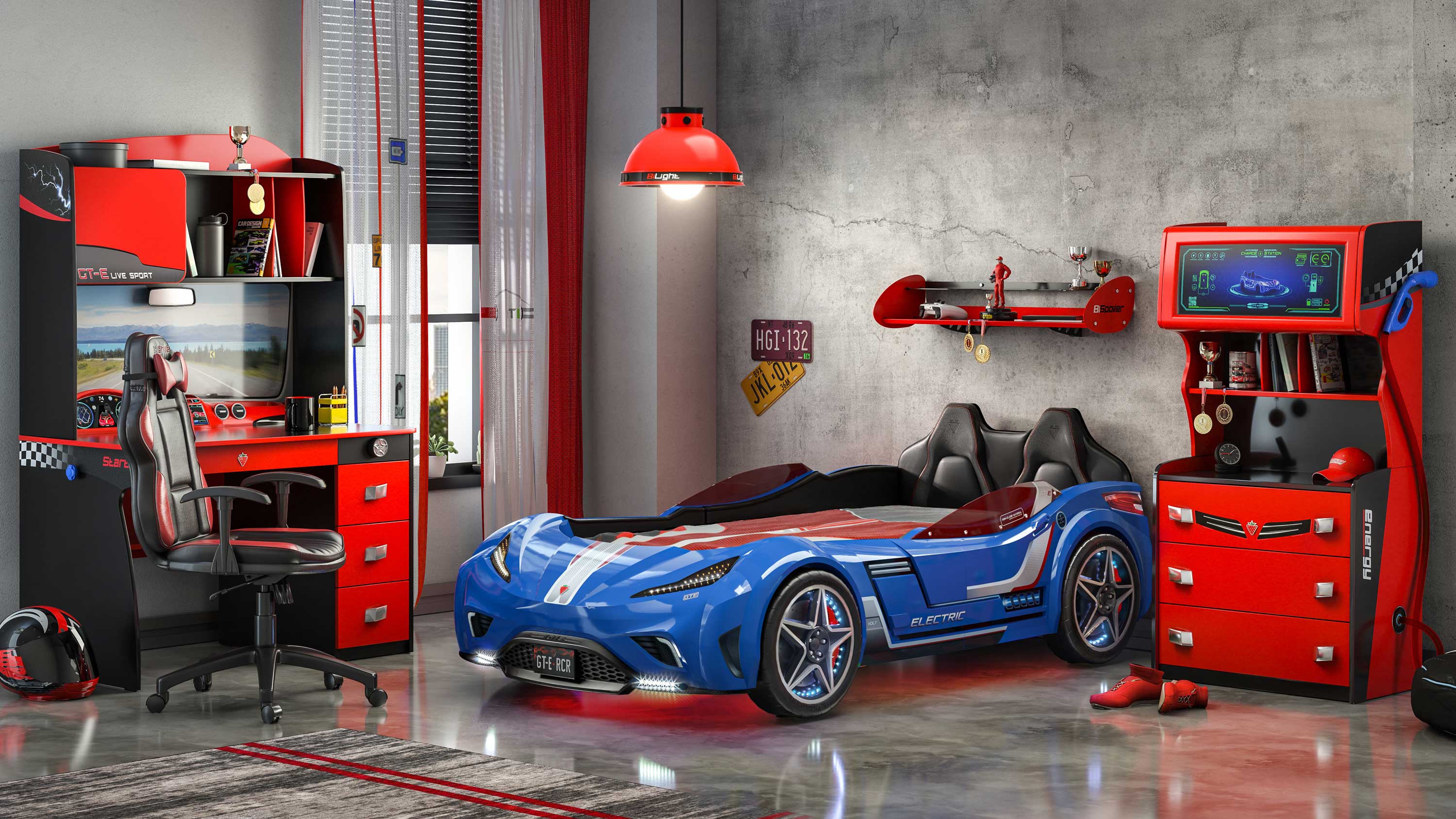 GTE Blue - Twin Race Car Bed Remote Control, 4 Modes, Night Light, Upholstered Headboard & Interior