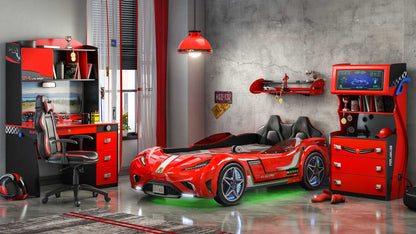 GTS EV Red Twin-Size Race Car Bed, Remote Control with 4 Modes, LED Lights, Sound FX, Upholstered Headboard, Interior Padding